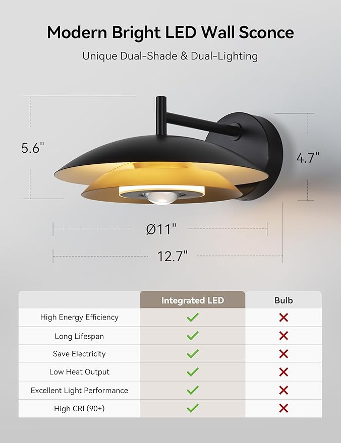 Tubicen Dual-Shade LED Wall Sconce Black and Gold Round Dimmable Sconces Wall Lighting Dual-Lighting 12W Modern Industrial LED Wall Lights for Living Room Bedroom Hardwired