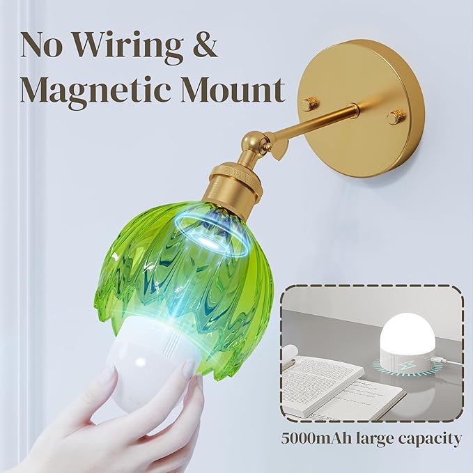 Vintage Battery Operated Wall Sconce Set of 2, Wireless Wall Sconce with Green Tulip Glass Shade, Rechargeable & Remote Control Wall Lamp for Living Room, Bedroom,Hallway Wall Decor Lights