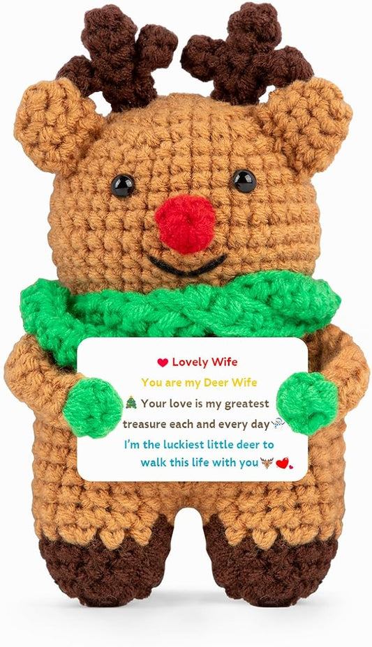 Mini Cute Deer Gifts for Wife Handmade Crochet Reindeer Present Wedding Anniversary Thanksgiving Christmas Birthday Gift for Her Woman from Husband Office Home Emotional Decor Doll