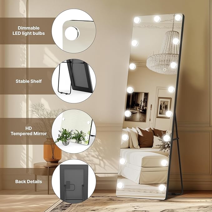 Kosmonia 56x18 Hollywood Full Length Mirror with Light, 17 Dimmable Bulbs & 3 Color Smart Touch Control, Distortion Free, Tempered Glass & Shatter Proof Film, Safe Full Body Mirrors with Stand