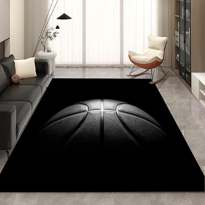 kxry 5 * 7 Feet Black Basketball Soft Area Rugs for Kids Girls Boys Basketball Sports Floor Carpet for Living Room Bedroom Dorms Nursery Rooms Home Decor Aesthetic