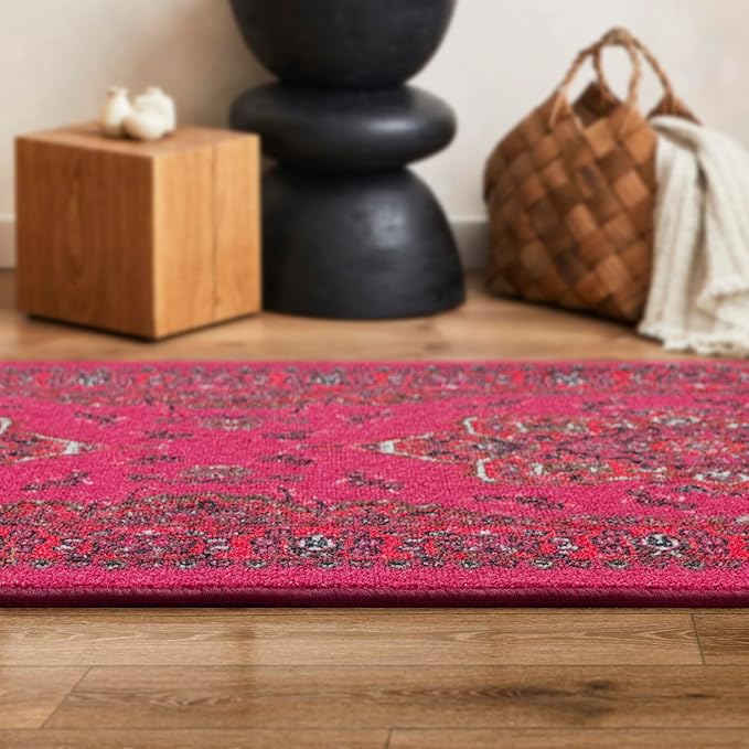 Antep Rugs Alfombras Oriental Traditional 2x10 Non-Skid (Non-Slip) Low Profile Pile Rubber Backing Indoor Runner Rugs (Pink, 2' x 10')