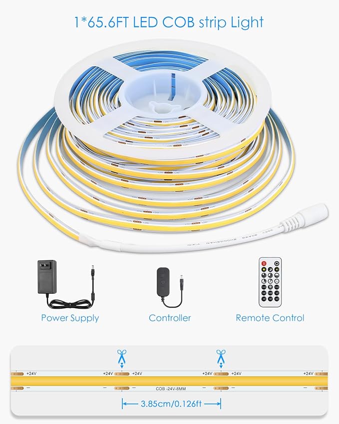 White COB Led Strip Lights 65.6FT/Roll 6500K 24V LED Light Strips with Remote Daylight White Dimmable COB LED Light Flexible LED Rope Light for Bedroom Cabinet Home DIY Lighting 480LED/M Hight Density