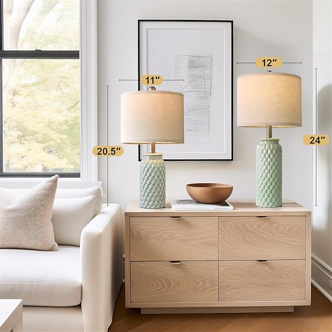 24" Modern Ceramic Green Bedside Lamp Set of 2 Table Lamp for Bedroom Decor Farmhouse Table Lamp for Living Room Office Dorm