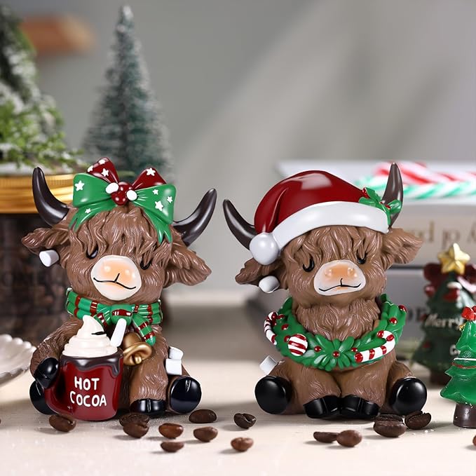 Karenhi 2 Pcs Highland Cow Figurines Christmas Hot Cocoa Highland Cow Gnomes Scottish Resin Statue Calf Lovers Gifts for Xmas Home Garden Kitchen Office Tiered Tray Table Decor
