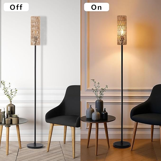 Floor Lamp for Living Room,Farmhouse Rattan Floor lamp,Modern Standing lamp with Hand-Worked Rattan Shade,Black Tall Lamp with Foot Switch,LED Bulb Included Black