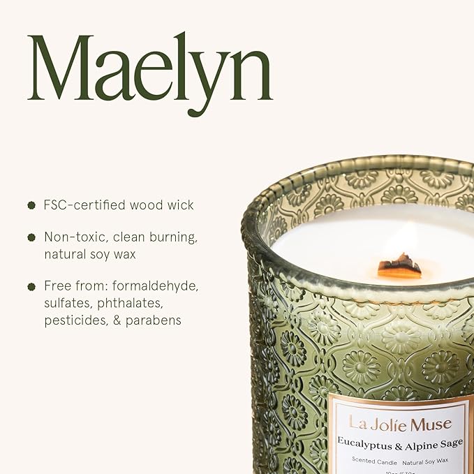LA JOLIE MUSE Eucalyptus & Alpine Sage Candle – Eucalyptus, Sage & Lavender | 19 oz Wooden Wick | Natural Soy Wax | 90 Hours Burn | Candle for Relaxation