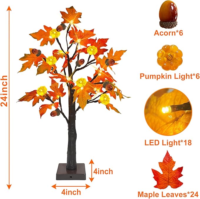 2 Pack 24 Inch Prelit Fall Maple Tree Thanksgiving Decorations, 48LEDs Timer Acorn Pumpkin Lights Fall Decorations for Home Battery Operated Wedding Party Table Autumn Harvest Halloween Fall Decor