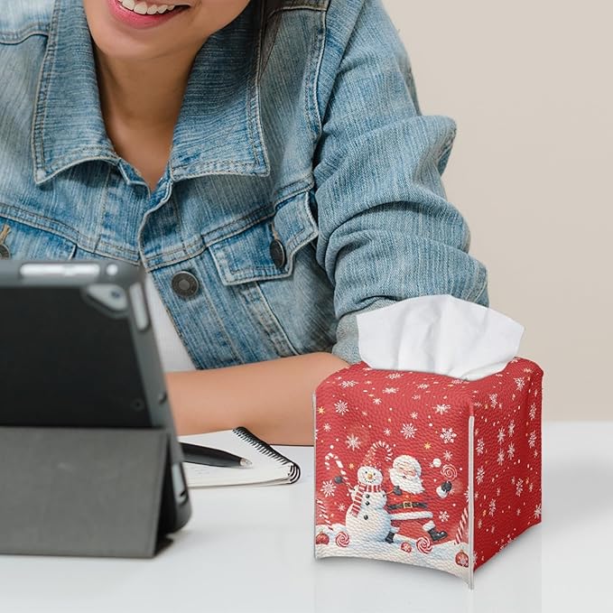 Christmas Tissue Box Cover Square Facial Tissue Holder Storage for Bedroom Bathroom Night Stand Car Santa Claus Snowman Modern Home Decorative with Buttons Napkin Case Covers