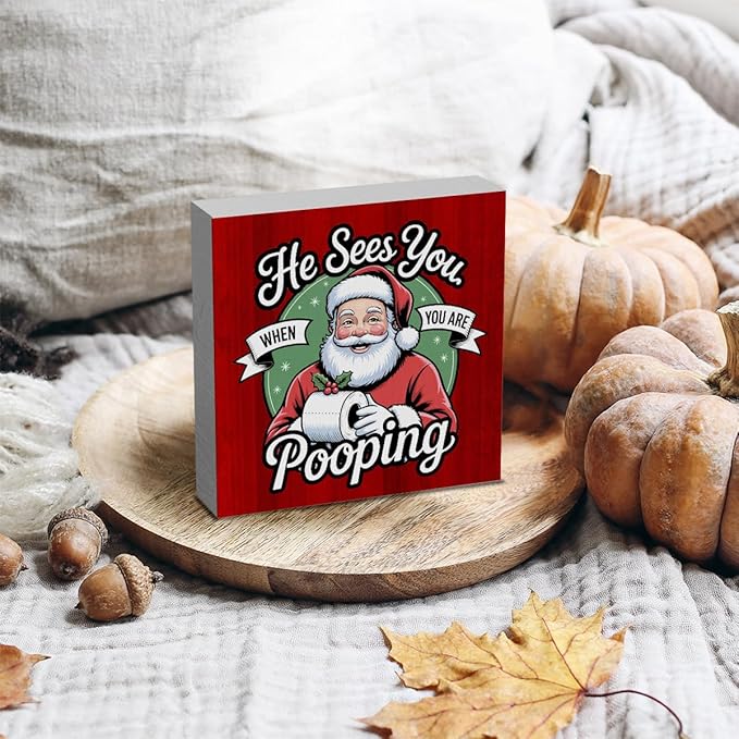 HTBIG Funny Bathroom Christmas Decor He Sees You When You Pooping Bathroom Wooden Box It In The Corner Shelf 5 x 5 Inch