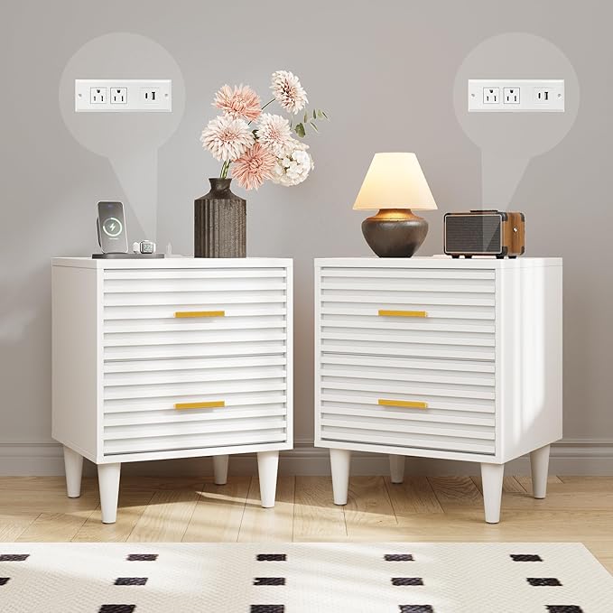 Alohappy Night Stand with Charging Station Set of 2, Bedside Table with 2 Drawers, Mid Century Modern End Table, Bed Side Table with USB Ports and Outlets, Nightstand for Bedroom, White 2pcs
