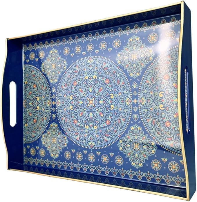 Boho Blue Decorative Tray, Serving Tray with Handles, Plastic Tray for Coffee Table, Ottoman - Ideal for Living Room & Bathroom. 15” x 11” x 2.5”