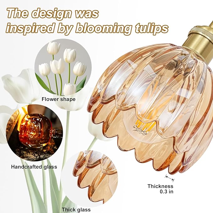 Vintage Wall Sconces Set of Two,Hardwired Wall Lights with Amber Tulip Glass Lampshade,Gold Wall Lamps for Bedroom Bedside Stairway Bathroom Living Room(Bulbs Not Included)