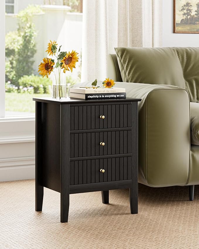 Fluted Nightstand, Farmhouse Night Stand with 3 Drawers, Mid Century Modern Side Accent Table,Bedside End Table for Bedroom, Living Room, Black