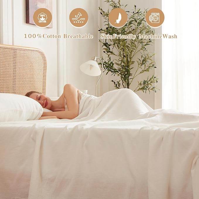Twin Sheets Set 100% Cotton Bed Sheets 3 Pcs Linen Like White Fall Sheet 16" Deep Pocket Sheet & Pillowcase Sets Boho Muslin Soft Twin All Season Bedding Sets Easy Care