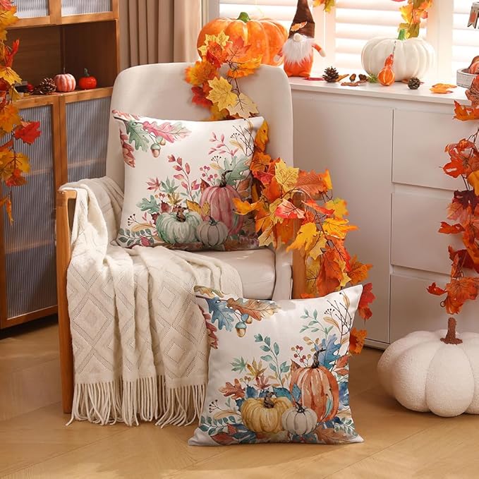DFXSZ Fall Pillow Covers 18x18 inch Set of 2 Pink Green Pumpkin Fallen Leaves Decorative Outdoor Throw PillowCovers Autumn Thanksgiving Farmhouse Decoration for Home Couch TH27-J18