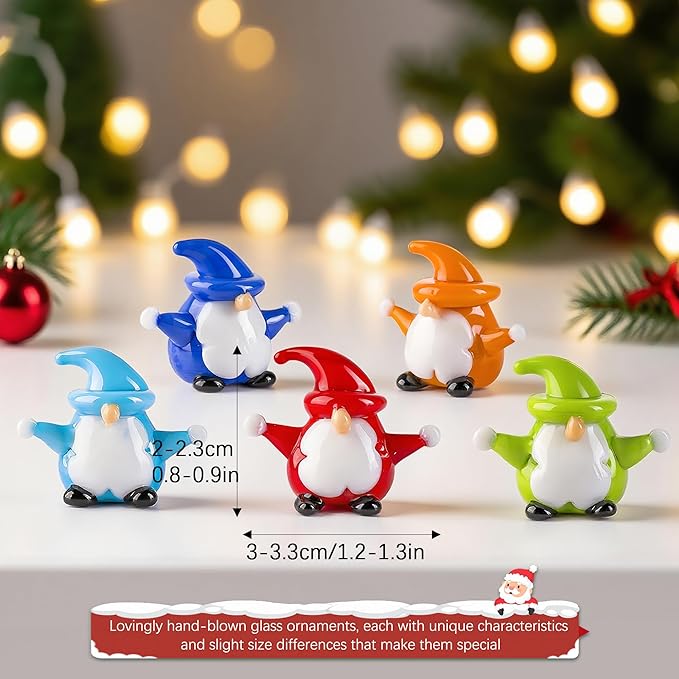 H&D HYALINE & DORA 5Pcs Christmas Gnomes Decorations Mini Blown Glass Christmas Ornaments Glass Xmas Figurines for Xmas Home Party Decor
