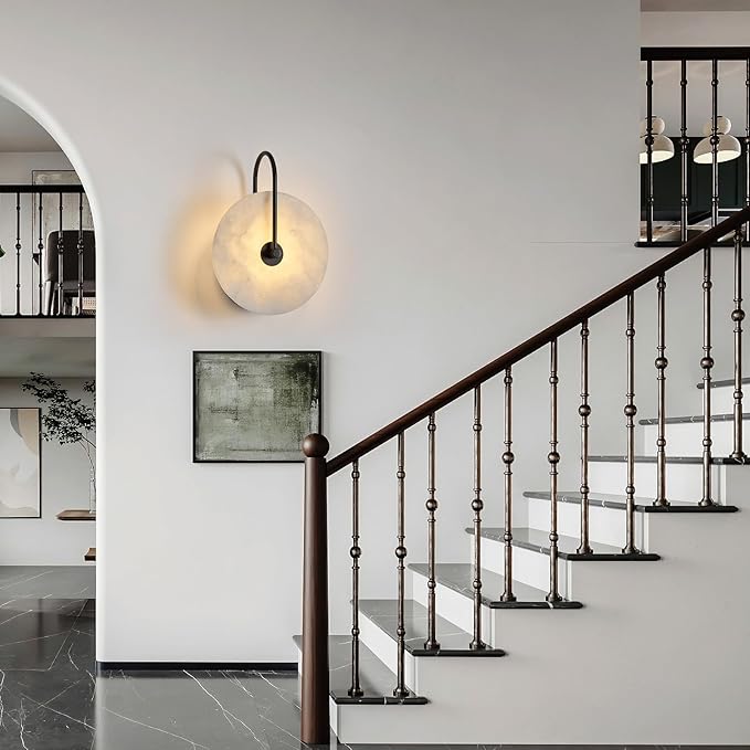 Round Alabaster Wall Sconce, Natural Marble Lampshade Wall Sconce, Hardwired Circular Sconce LED Modern Wall Lamp for Bedroom, Stairs, Living Room, Bedside, Hallway 7.84 Inch Black
