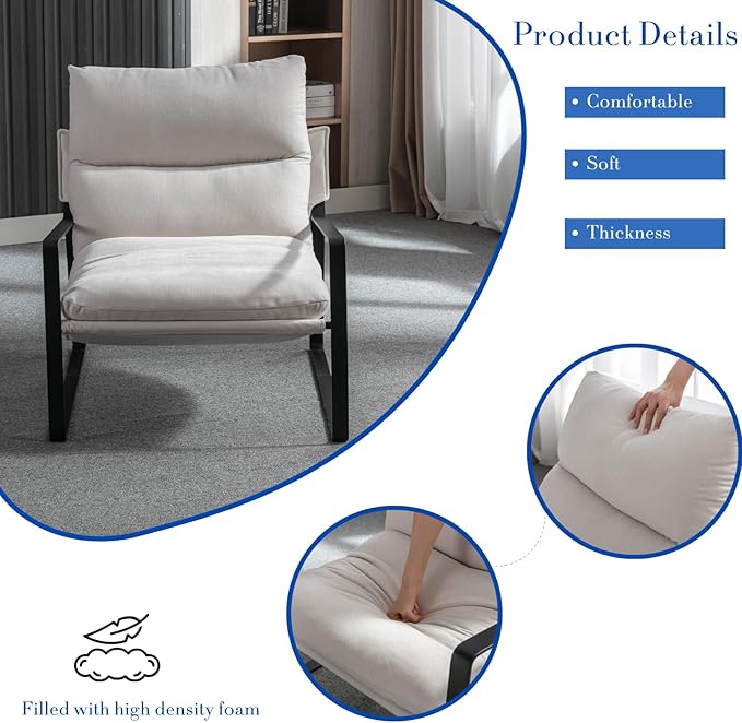 HEAH-YO Modern Accent Chair Set of 1, Comfy Living Room Chair with Removable Cushion and Solid Metal Frame, Chenille Fabric Reading Side Chair for Bedroom, White