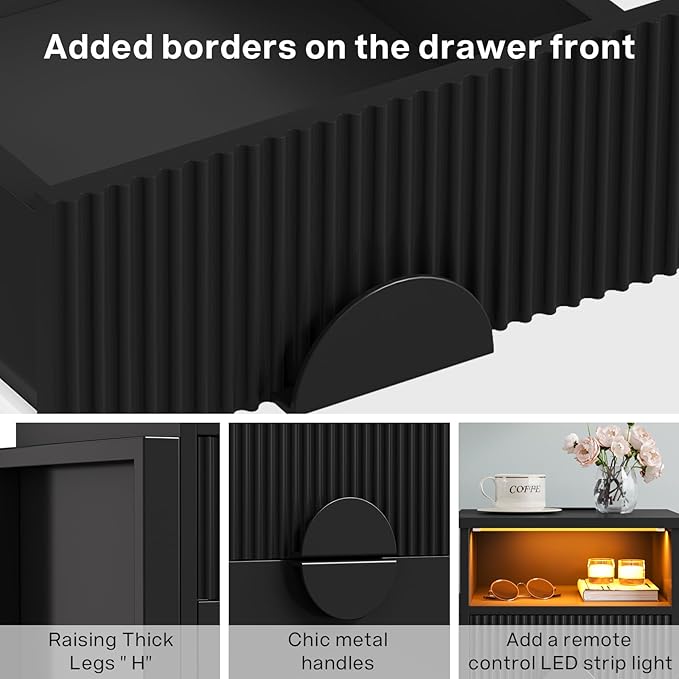 LGHM Large Fluted Nightstand with Charger Station Lights,20.47" W Night Stand with 2 Drawers,Accent Bedside Table and End Table,Semicylinder Drawer,Stable Raised Legs,Large Compartment,Black