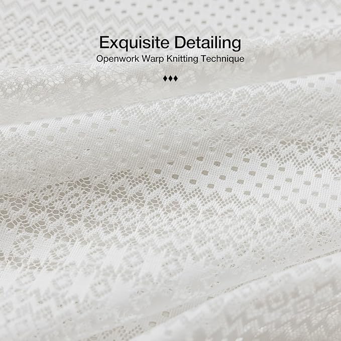 White Sheer Curtains 2 Panels – Vintage Boho Sheer Curtains for Bedroom/Kitchen, Light Filtering Rod Pocket Window Treatments with Lace Trim, Rustic Privacy Chic Drapes, 52W x 45L Inch