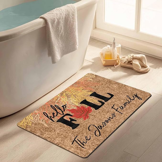 Fall Welcome Doormat, Personalized Door Mat Hello Fall Custom Home Decor Floor Mat, Non-Slip Rubber Rugs, Washable Carpet for Indoor Outdoor Front Door Porch Entryway