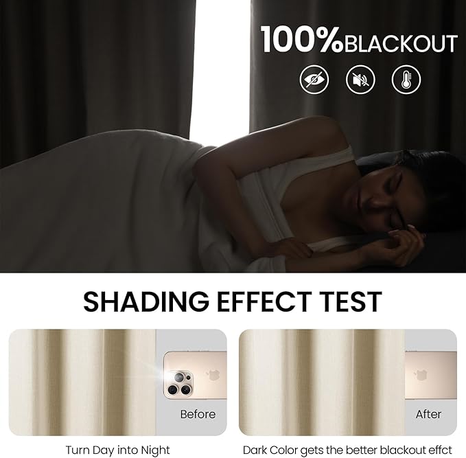 100% Blackout Curtains 96 inches Length Linen Blend Bedroom Curtains, Rod Pocket Back Tab Black Out Window Curtain Set Living Room Curtains, Full Blackout Curtains 2 Panels Drape, Beige