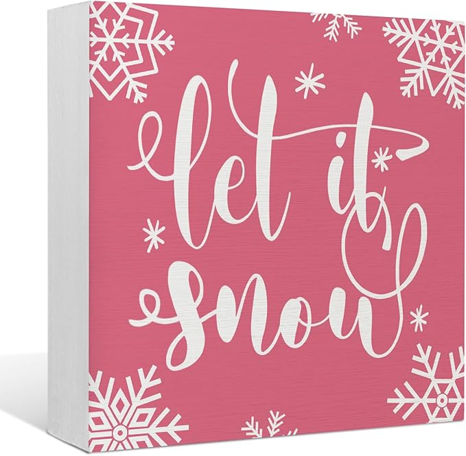EIONEY Pink Christmas Decorations,Let it Sonw Wooden Box Sign,Pink Winter Christmas Desk Accessories Decor,Seasonal Winter Holiday for Home Bedroom Living Room Office,5x5 Inch