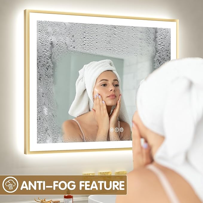 40x36 LED Mirror for Bathroom with Gold Frame, Backlit and Front Lighted Bathroom Mirrors for Wall, Stepless Dimmable Vanity Mirror with Lights, Anti-Fog, Memory,Shatterproof