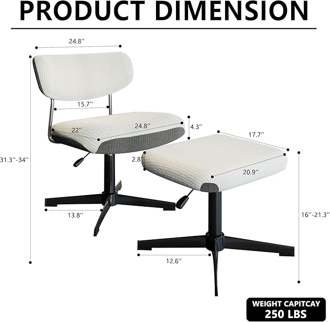 Swivel Criss Cross Chair, Accent Chair with Ottoman Set, Modern Armless Comfy Chair with Ergonomic Backrest, Corduroy Upholstered Seat, No Wheels, White & Grey