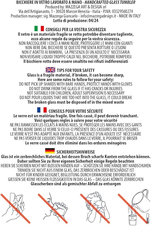 MAZZEGA ART & DESIGN - Set of 6 Handcrafted Blown Glass Water Glasses with Refined and Original Murano Murrine - The Colors of Murano - 'Classic 9,8 oz' Model. Made in Italy (1, 6 Color Mix)