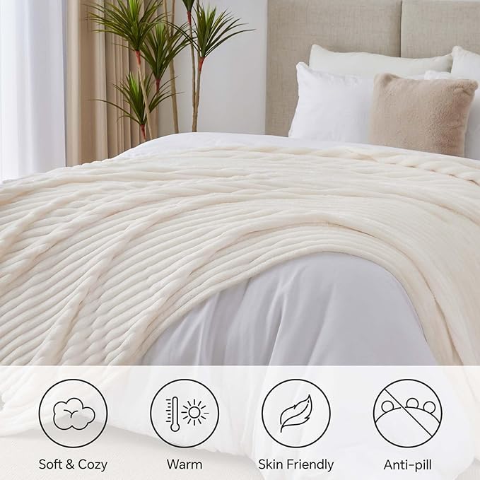BEDELITE Full Size Blanket for Bed, 300GSM Soft & Warm Fleece Cream White Blanket, Decorative and Giftable Striped Blankets for Women, Men, 84"x90"