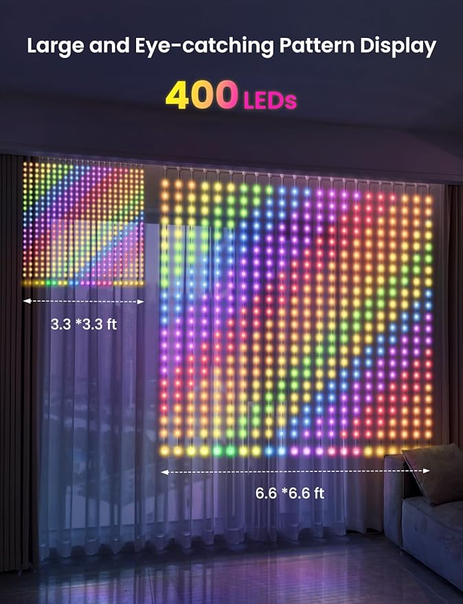 LED Curtain Light, 400 LEDs, Smart RGB+IC Color Changing Holiday Wall Lights, 3.3x3.3ft Indoor Dynamic DIY LED String Lights, APP Remote Control, For Bedroom, Living Room, Window Decor, Party, Wedding