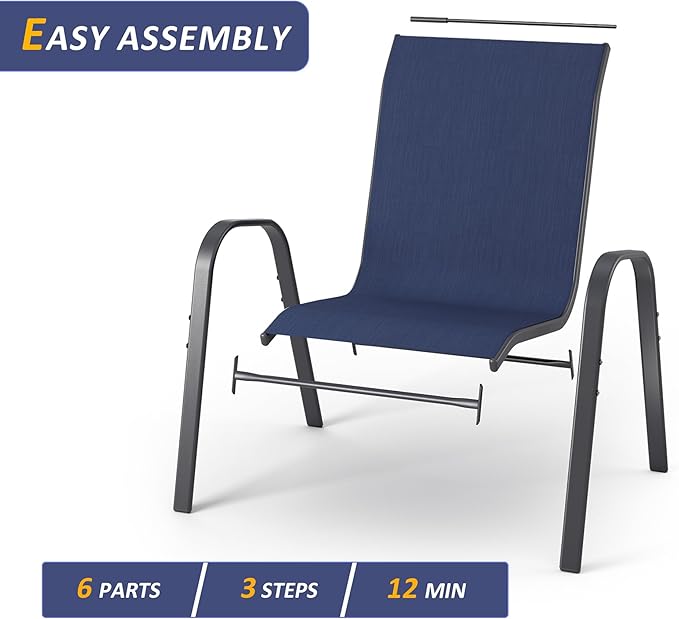 Amopatio 7 Pieces Patio Dining Set, Outdoor Table and Chairs, Square Metal Table with Umbrella Hole, 6 Stackable Chairs, Patio Furniture Sets for Deck, Backyard, Garden and Poolside, Navy Blue