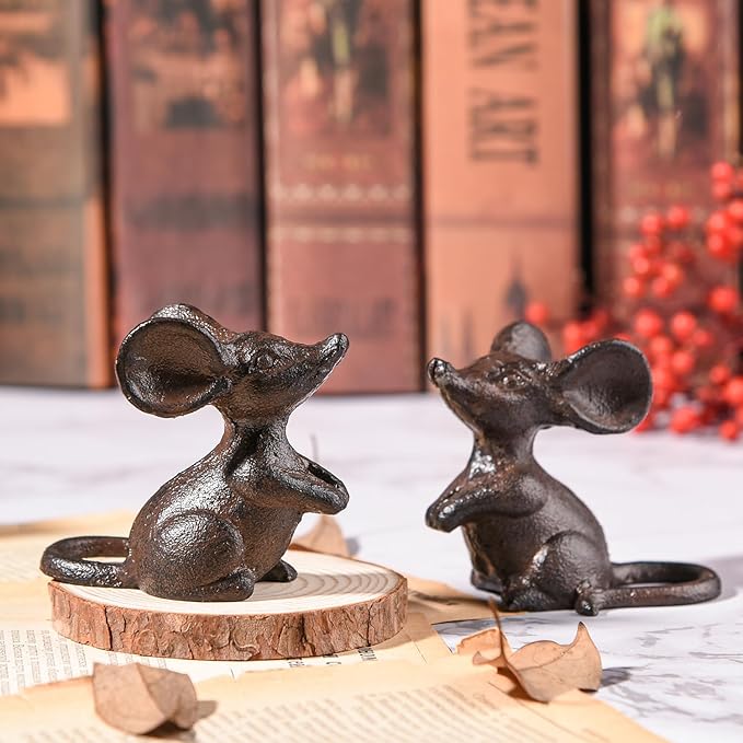 Sungmor Cast Iron Little Cute Mouse Ornament - Decorative & Lovely Figurine Indoor Outdoor Statues - Interesting Animal Sculpture Home Decoration - 2PC Pack & Brown Color