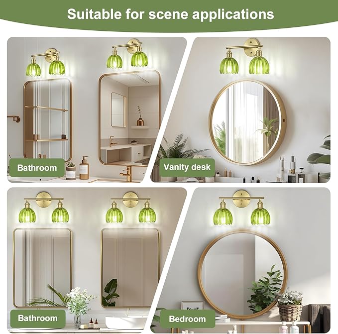 Vintage Bathroom Light Fixtures,2-Light Hardwired Vanity Lights Over Mirror,Gold Wall Sconces with Green Tulip Glass Shade for Bathroom Living Room,E26 Socket(Bulbs Not Included)