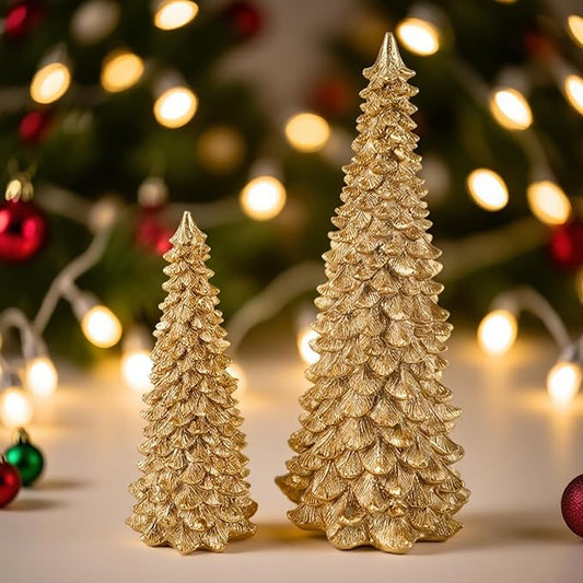 2Pcs Christmas Tree Decoration Figurines, Christmas Tree Statues Glittered Resin Desktop Mini Small Tabletop Ornaments Holiday Fireplace Home Decor Gifts (Glod)