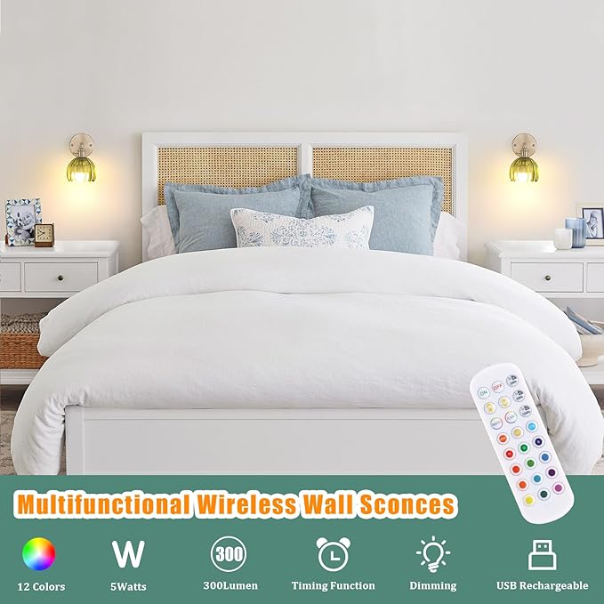 Battery Operated Wall Sconce with Cute Green Tulip Glass Lampshade Rechargeable Wireless Wall Light with Remote Control for Bedside Bedroom Doorway, Satin Nickel, Set of 2