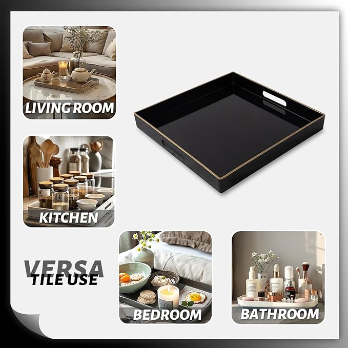 MAONAME Decorative Tray, Black Serving Tray with Handles, Coffee Table Trays, Square Plastic Trays for Ottoman, Bathroom, Kitchen, 13"x13"x1.57"