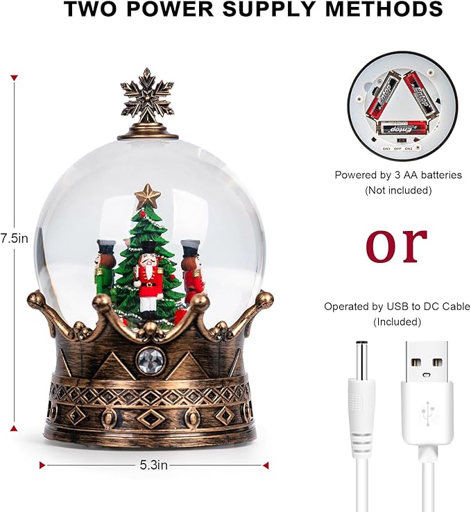 Nutcracker Snow Globe, Musical Crown Water Lantern with Swirling Glitter with Swirling Glittering Christmas Home Decoration and Gift, Battery Operated or USB Powered