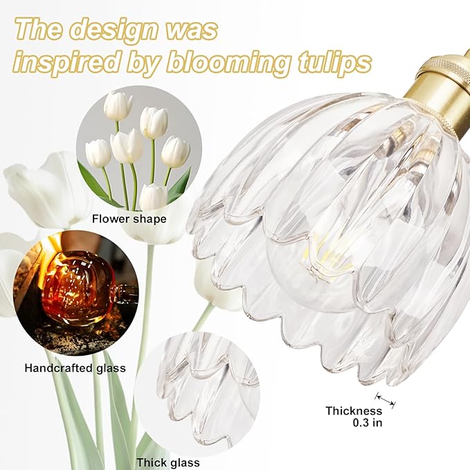 Vintage Bathroom Light Fixtures,2-Light Hardwired Vanity Lights Over Mirror,Gold Wall Sconces with Clear Tulip Glass Shade for Bathroom Living Room,E26 Socket(Bulbs Not Included)