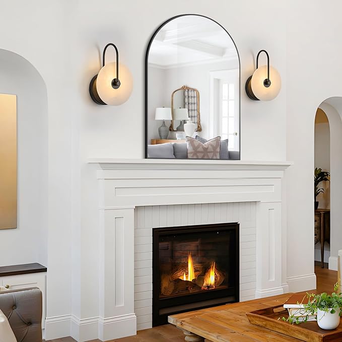 Round Alabaster Wall Sconce, Natural Marble Lampshade Wall Sconce, Hardwired Circular Sconce LED Modern Wall Lamp for Bedroom, Stairs, Living Room, Bedside, Hallway 7.84 Inch Black