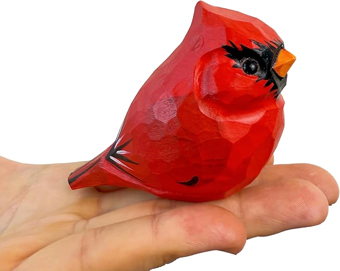 Wooden Bird Figurines Funny Desk Accessories Hand Carved Wood Decorative Small Birds Animal Miniature Statues Ornament for Home Room Decor (Red)