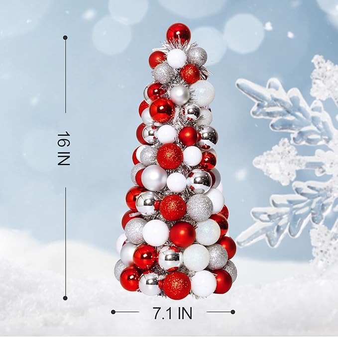 Amooca 16in Christmas Ball Tree with LED Lights Table Centerpiece Fireplace Decor Indoor Holiday Party Home Decoration Red White Silver