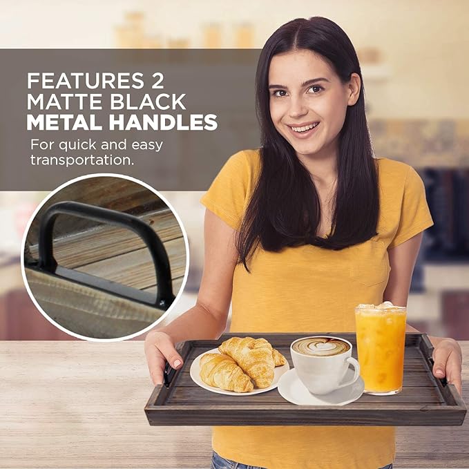 3 Piece Decorative Nested Vintage Wood Serving Tray Set for Coffee Table or Ottoman – Rustic Wooden Breakfast Trays for Kitchen, Dining Room, or Living Room – Farmhouse Platter w/Handles - Barnwood