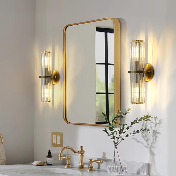 Crystal Wall Sconce Set of Two, Brushed Gold Bathroom Wall Light, Modern Sconces Wall Decor. 2-Light Luxury Indoor Wall Lamp 15.7-Inch for Living Room, Hallway, Mirror, Bathroom, Vanity. E26