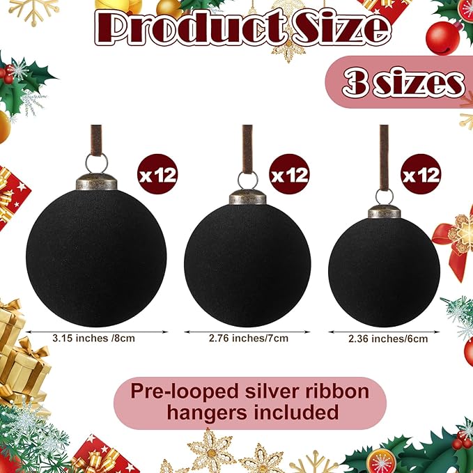 36 Pcs Velvet Christmas Balls Bulk - Flocked Christmas Tree Ball Ornaments Hanging Decoration for Xmas Tree, Wreath, Home or Party Decorations, 2.36", 2.76", 3.15"(Black)