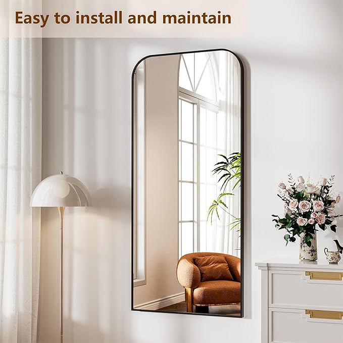 Koonmi Full Length Mirror, 65"x24" Mirror Full Length with Stand, Black Domed Top Square-Edged Floor Mirror with Aluminum Alloy Frame for Bedroom Living Room