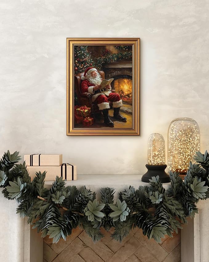 VIYYIEA Vintage Gold Framed Wall Art for Living Room, Christmas Canvas Prints Home Decor, Oil Painting Picture, Bedroom Wall Decor Gifts for Friends or Family -【Santa Claus Reading 】-(16L x 12W)