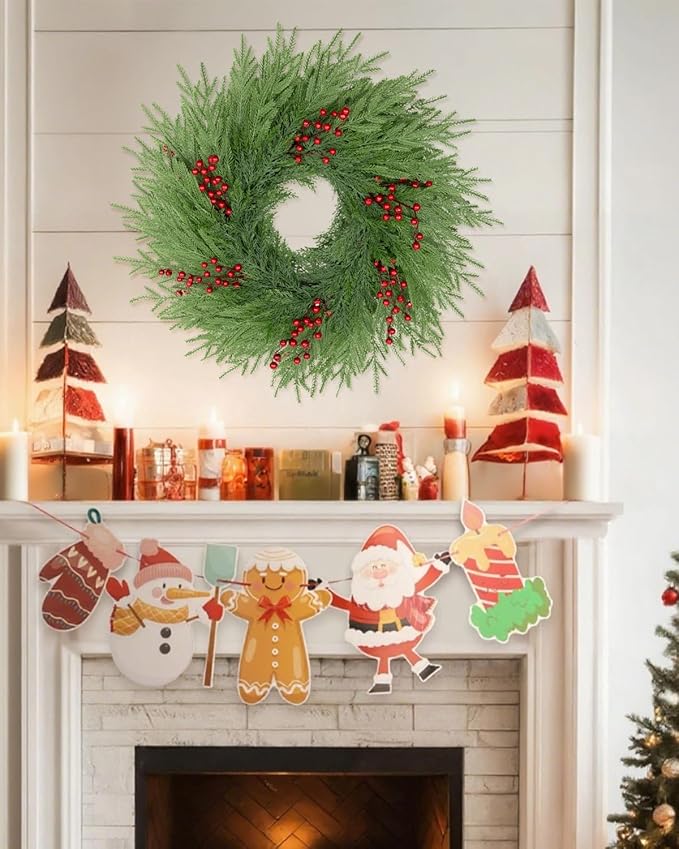 Artificial Christmas Wreaths for Front Door,26" Large Winter Wreaths for Indoor and Outdoor Christmas Decorations,Norfolk Pine Door Wreath with Red Berries for Wall Window Porch Farmhouse Stair